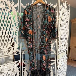 Sheer Black Embroidered Floral Kimono with Fringe